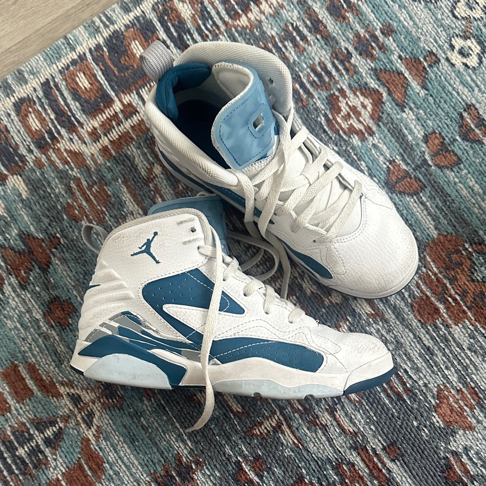 Kids White and Blue Jordan Shoes